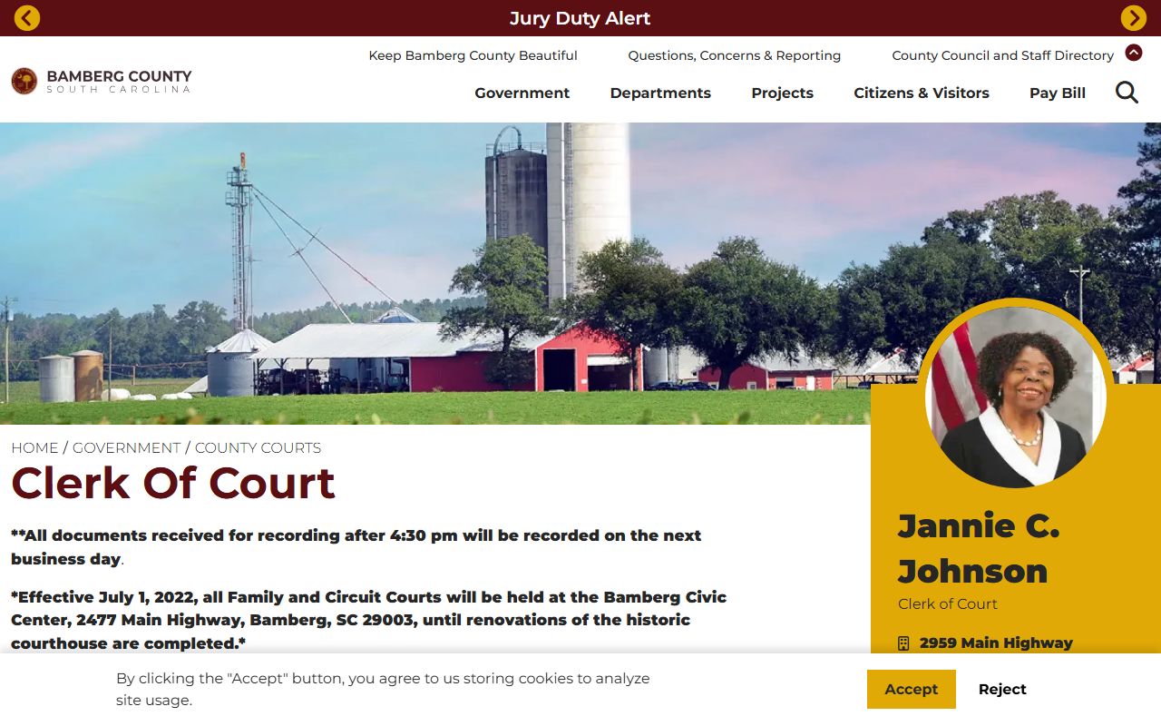 Bamberg County Clerk of Court page for divorce records