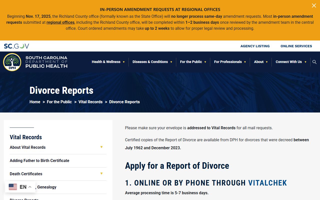 SC DHEC Division of Vital Records divorce reports page South Carolina