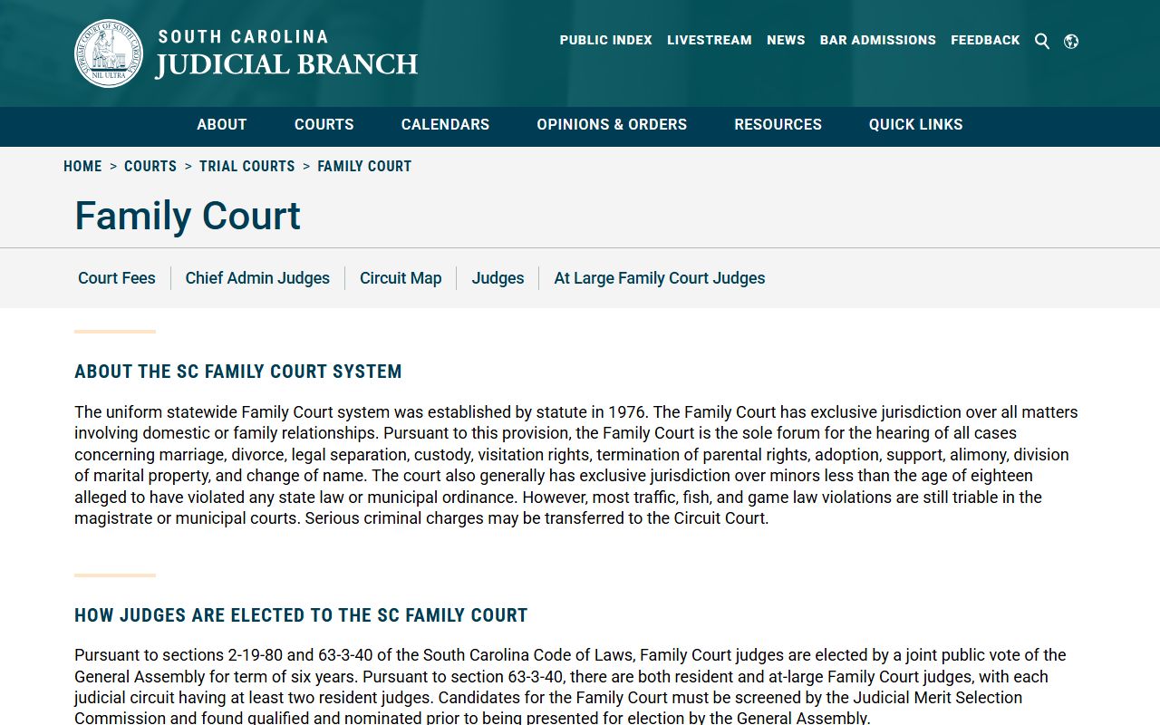 South Carolina Family Court information page describing public access to divorce records