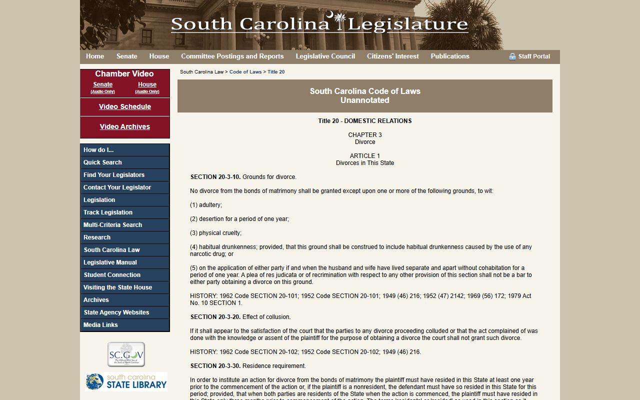 South Carolina Title 20 divorce code page