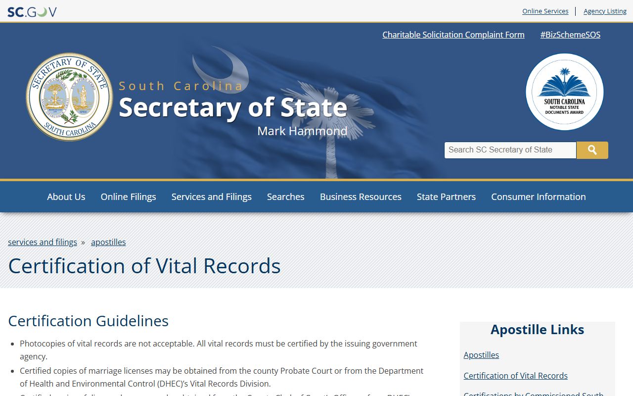 South Carolina vital records certification page for apostille services